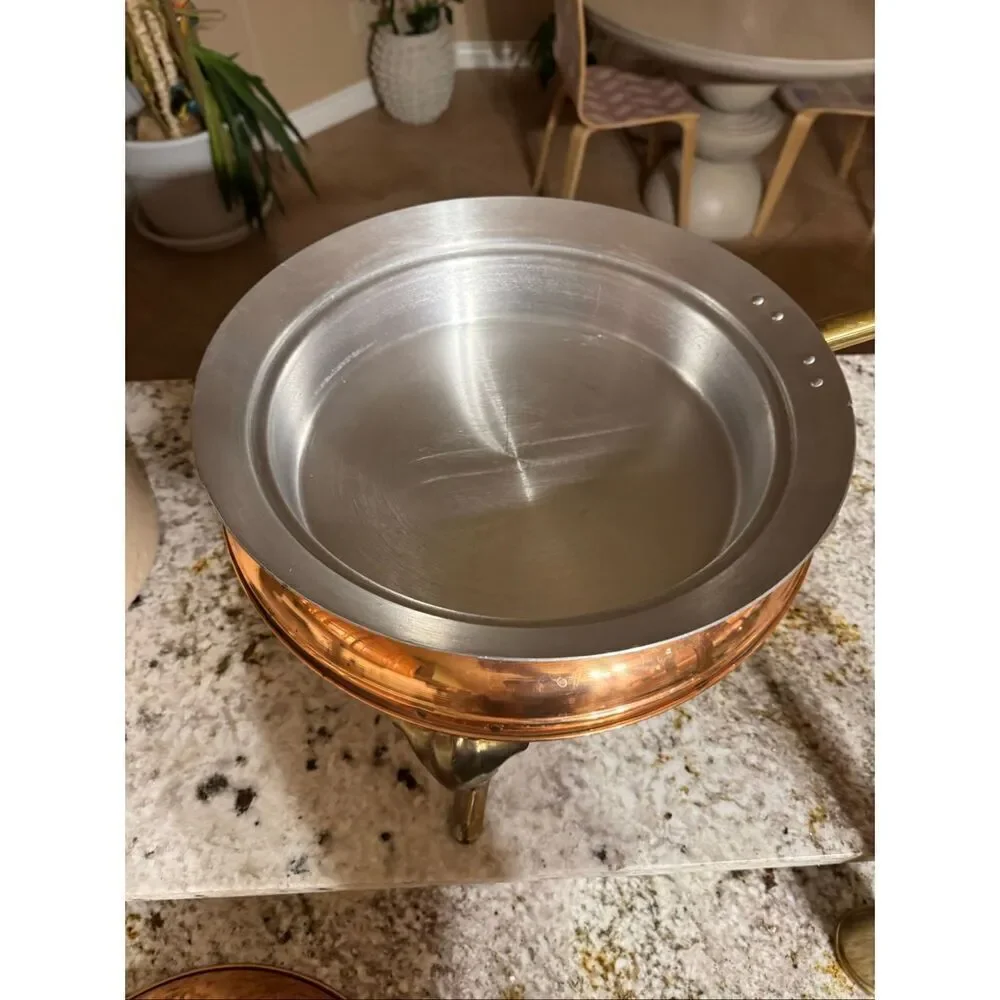 Vintage copper chafing dish 11” food warmer wooden handle